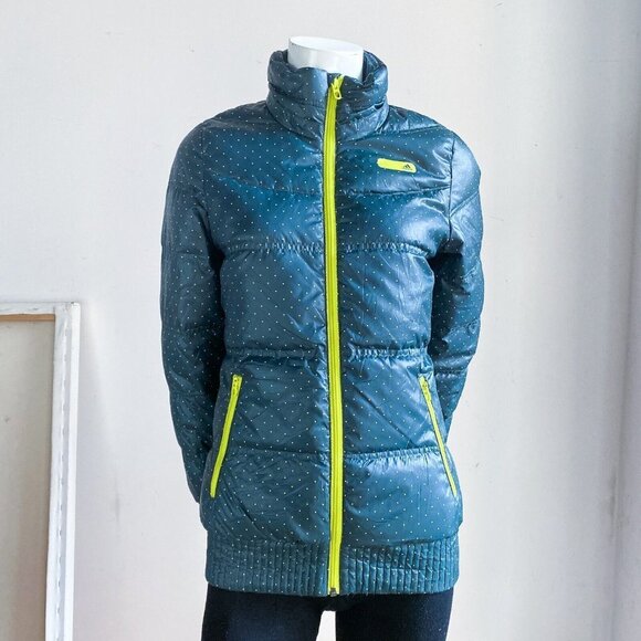 Adidas Polka Dot Neon Accent Dark Green Down filled Puffer JAcket S - Picture 1 of 7